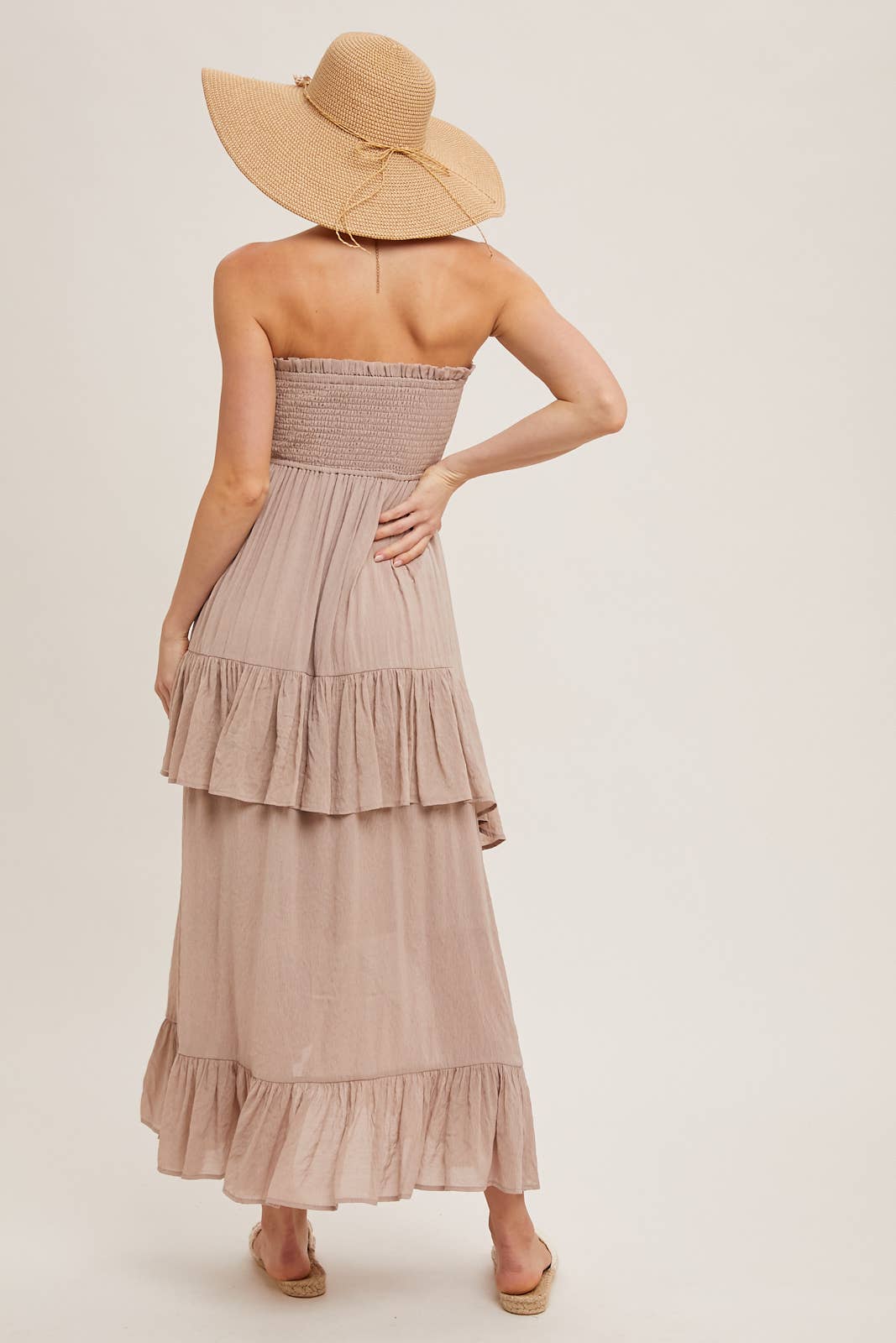 FINAL SALE- BOHO SMOCKED STRAPLESS TIERED RUFFLE MIDI DRESS