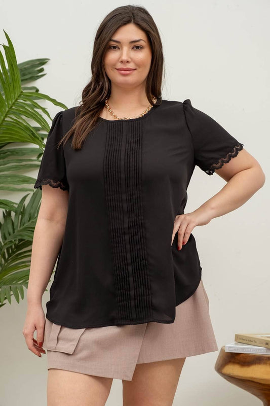 PLUS SLEEVELESS LACE TRIM PLEATED TOP