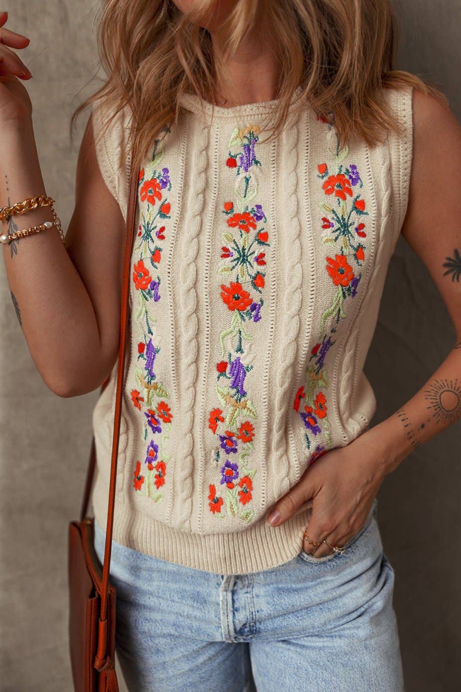 Floral Embroidered Sleeveless Sweater Top LALA LOO