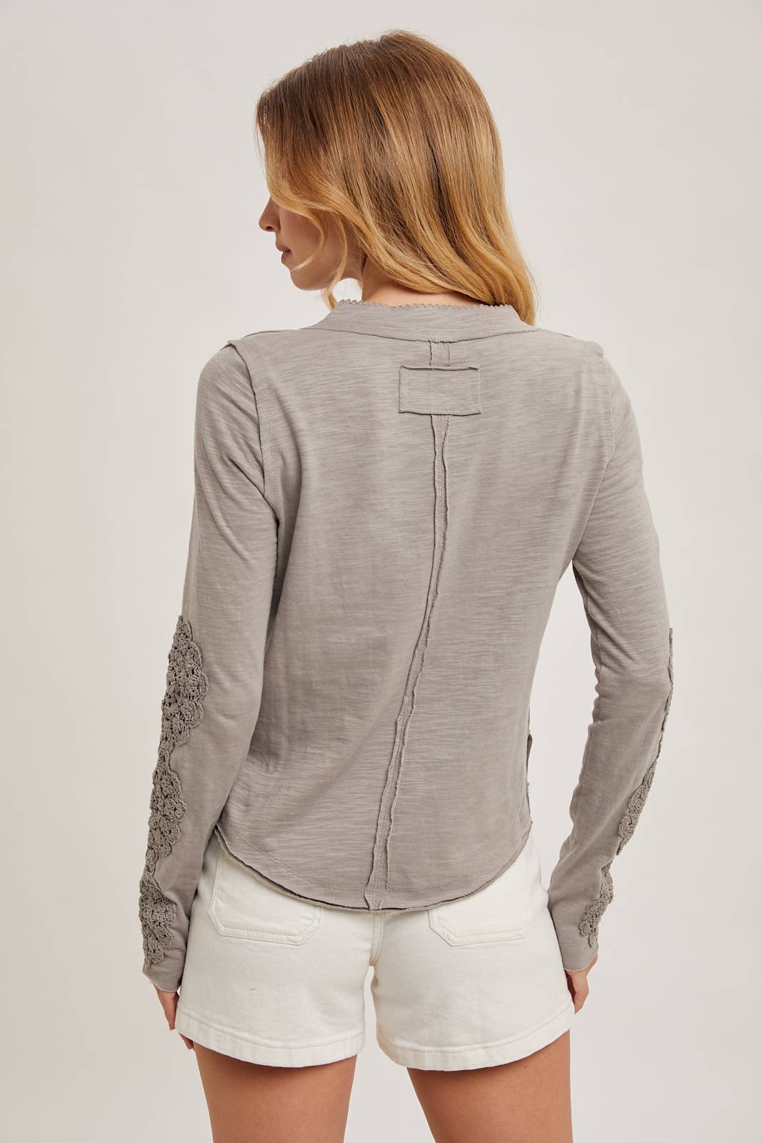 CROCHET PATCH SLEEVED HALF BUTTON ROUND NECK TOP Bluivy