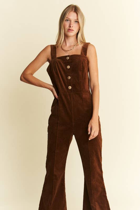 DAWN - PLUS SIZE BUTTON DOWN CORDUROY FLARED JUMPSUIT ZIPPERED BACK