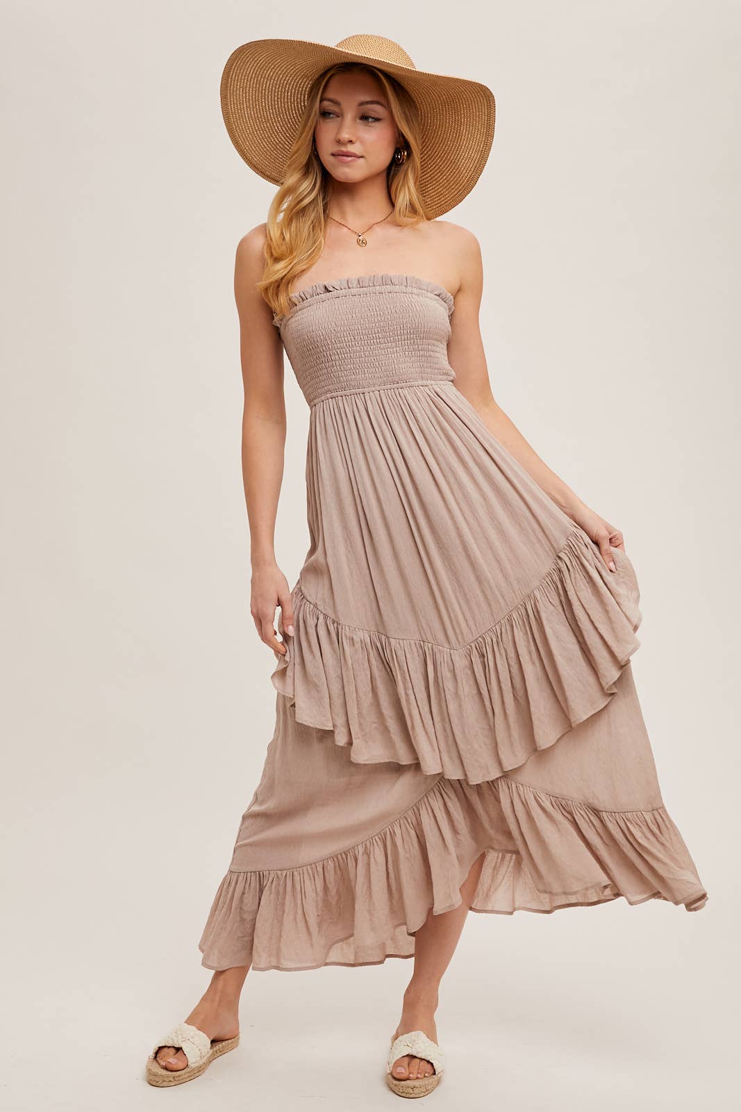 FINAL SALE- BOHO SMOCKED STRAPLESS TIERED RUFFLE MIDI DRESS