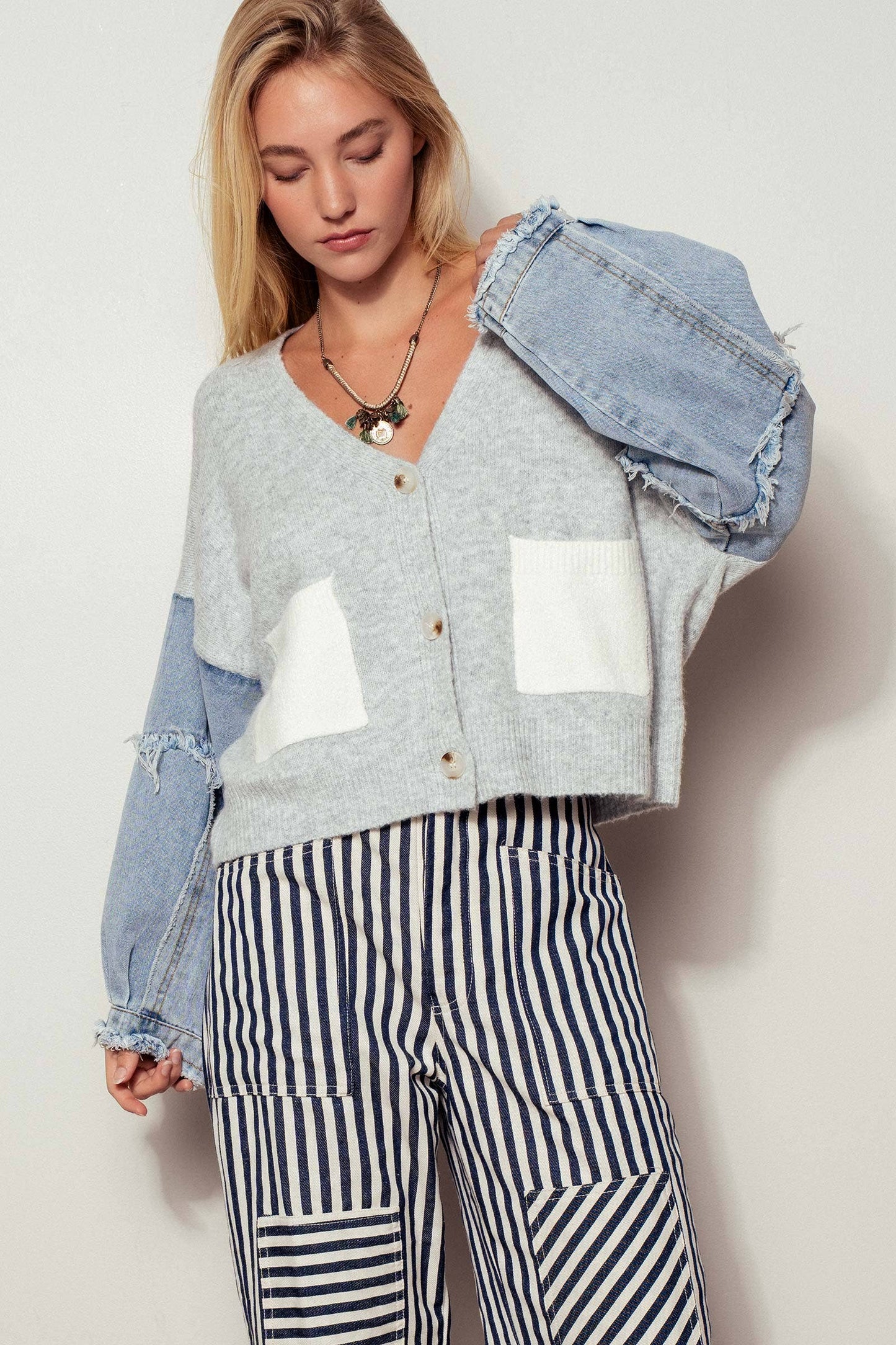 Denim Sleeve Knit Cardigan Casual Sweater Top Urban Daizy