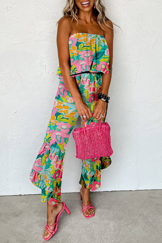 Mix Tropical Print Strapless Ruffled Jumpsuit