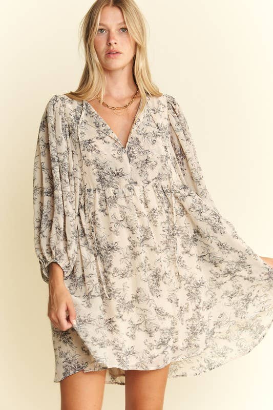 Women's LINED 3/4 SLEEVE FLORAL CHIFFON BABYDOLL SHORT DRESS
