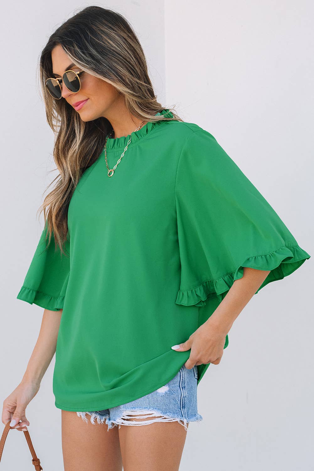 Frilly Round Neck Wide Half Sleeve Blouse