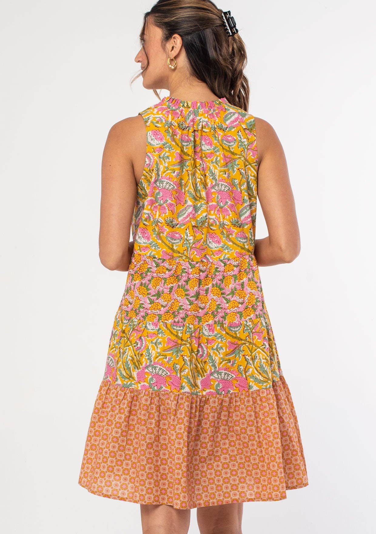 Mixed Print Sleeveless Tiered Mini Dress