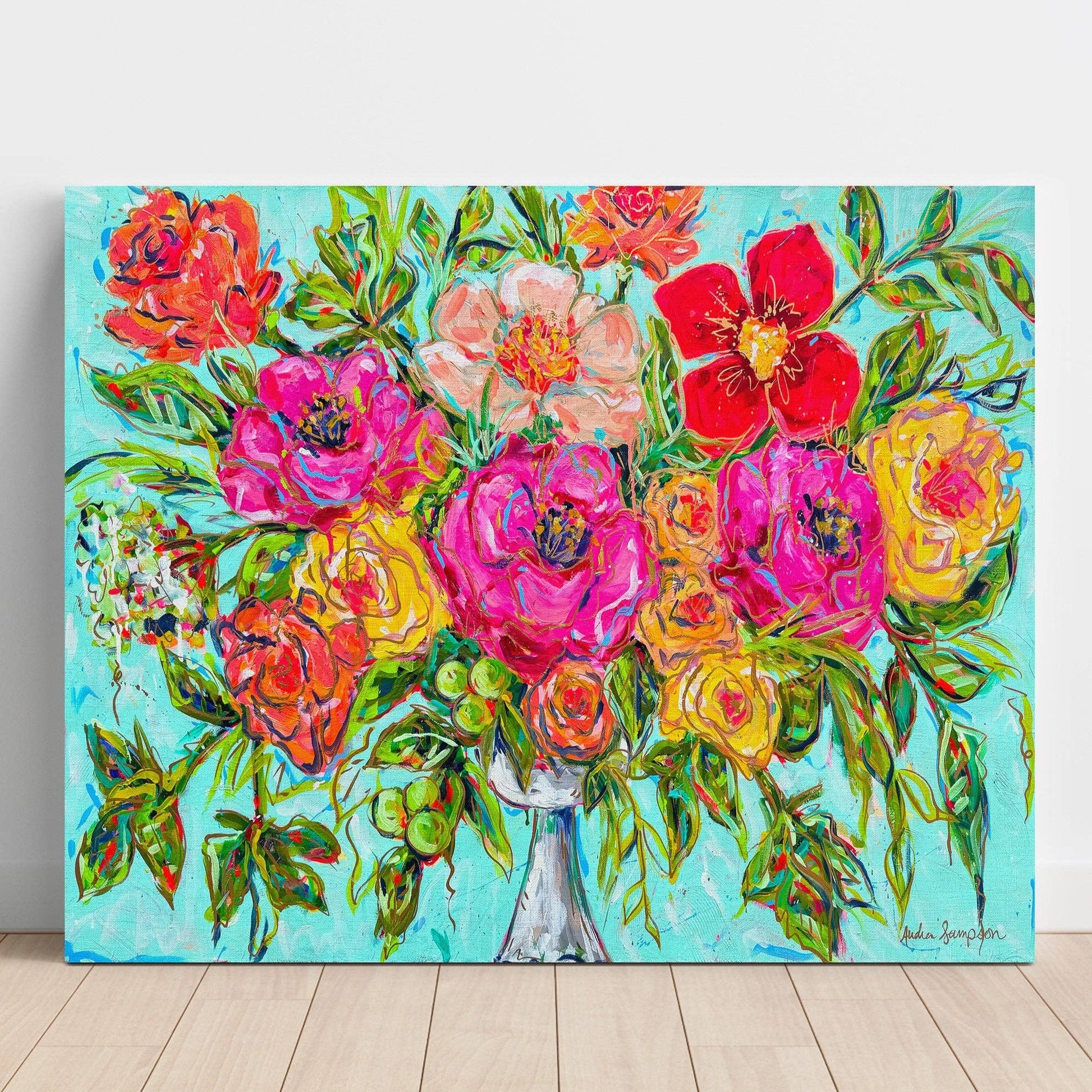 Milk Glass Floral Vase Gallery Wrapped Canvas - Flower Bouquet Art Painting Audra Style