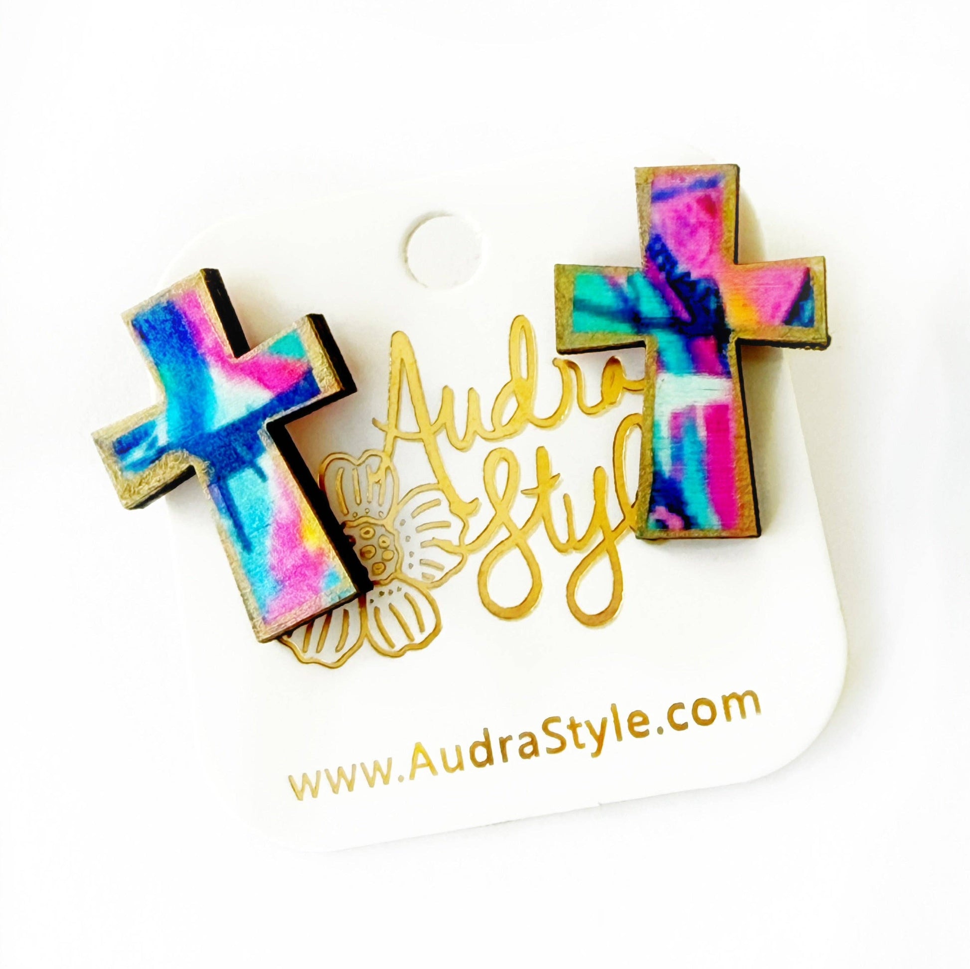 Blue and Pink Abstract Cross Stud - Colorful Earring Audra Style