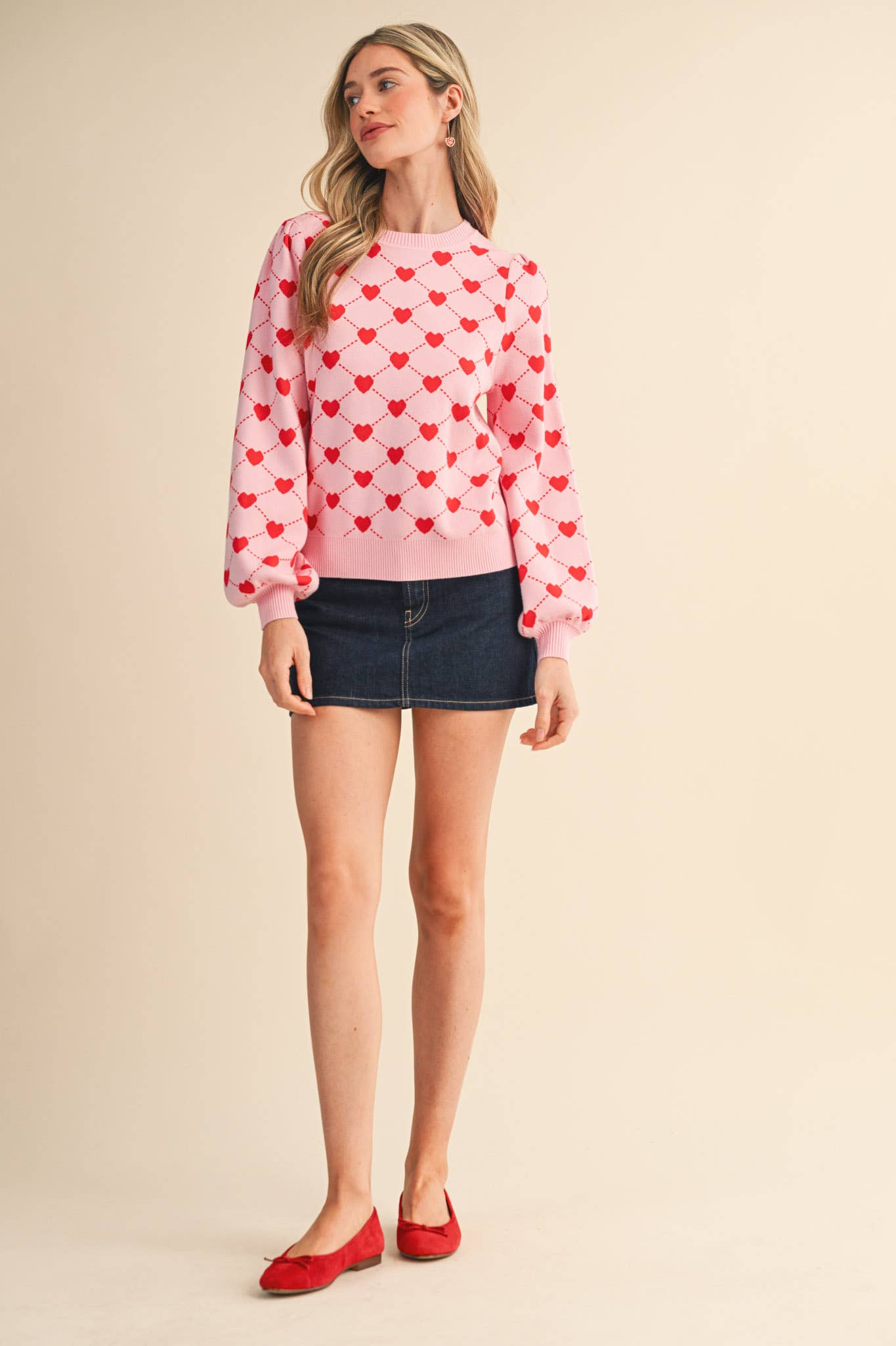 HEART KNIT PUFF SLEEVE SWEATER &MERCI