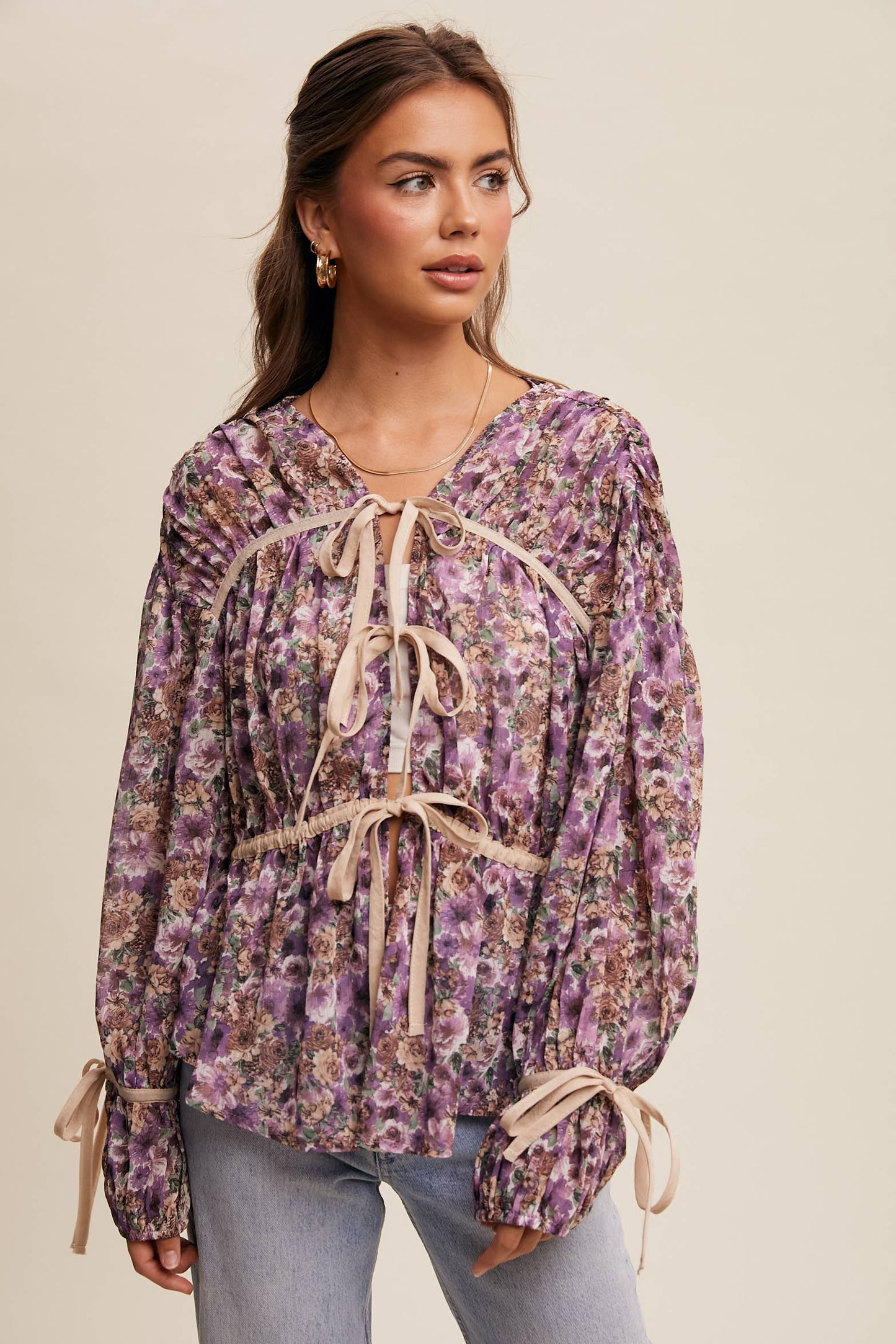 Floral Printed Sheer Blouse with Tie Accents Listicle