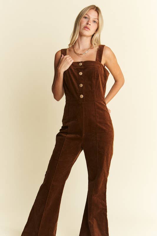 DAWN - PLUS SIZE BUTTON DOWN CORDUROY FLARED JUMPSUIT ZIPPERED BACK