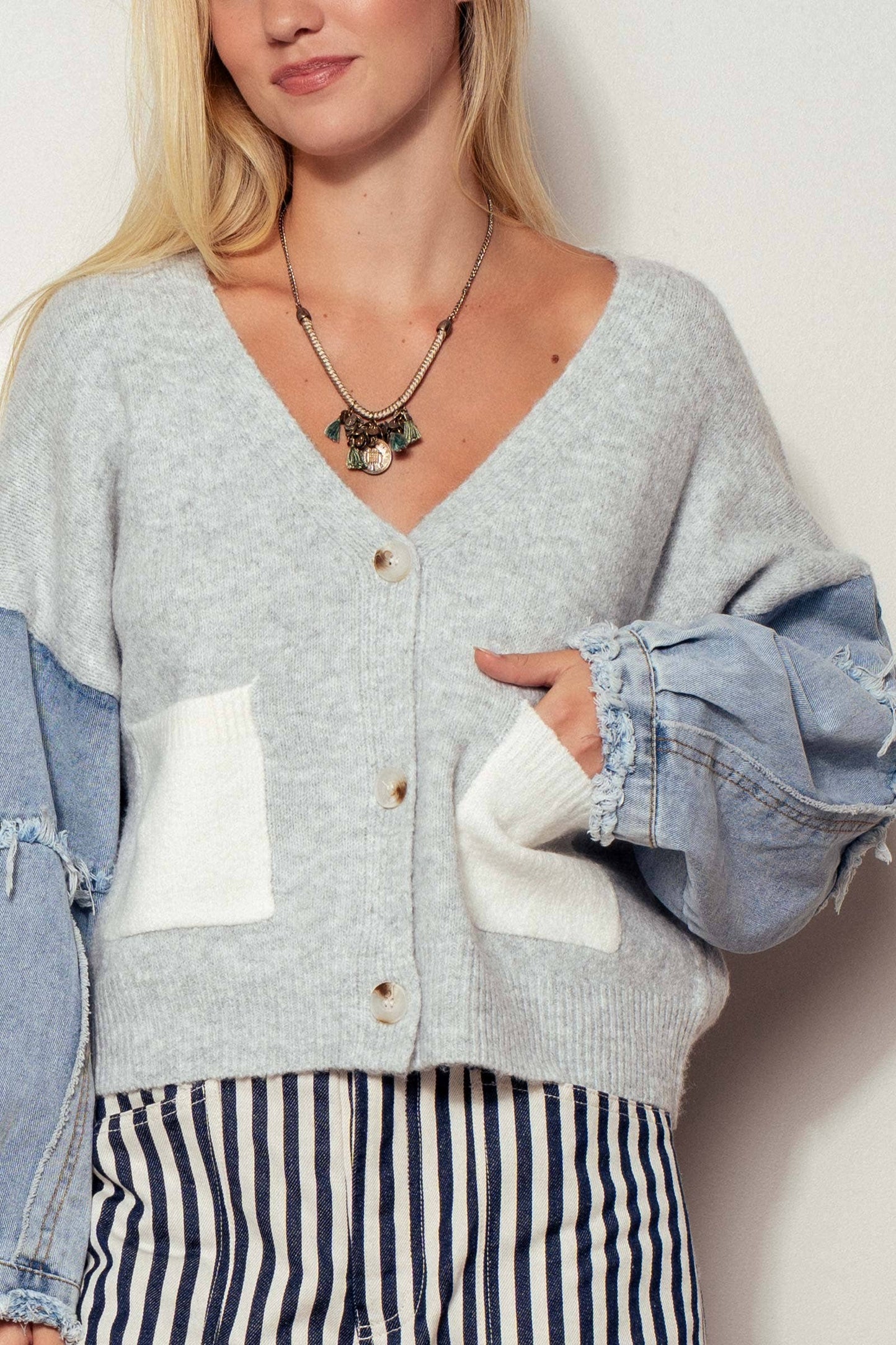 Denim Sleeve Knit Cardigan Casual Sweater Top Urban Daizy