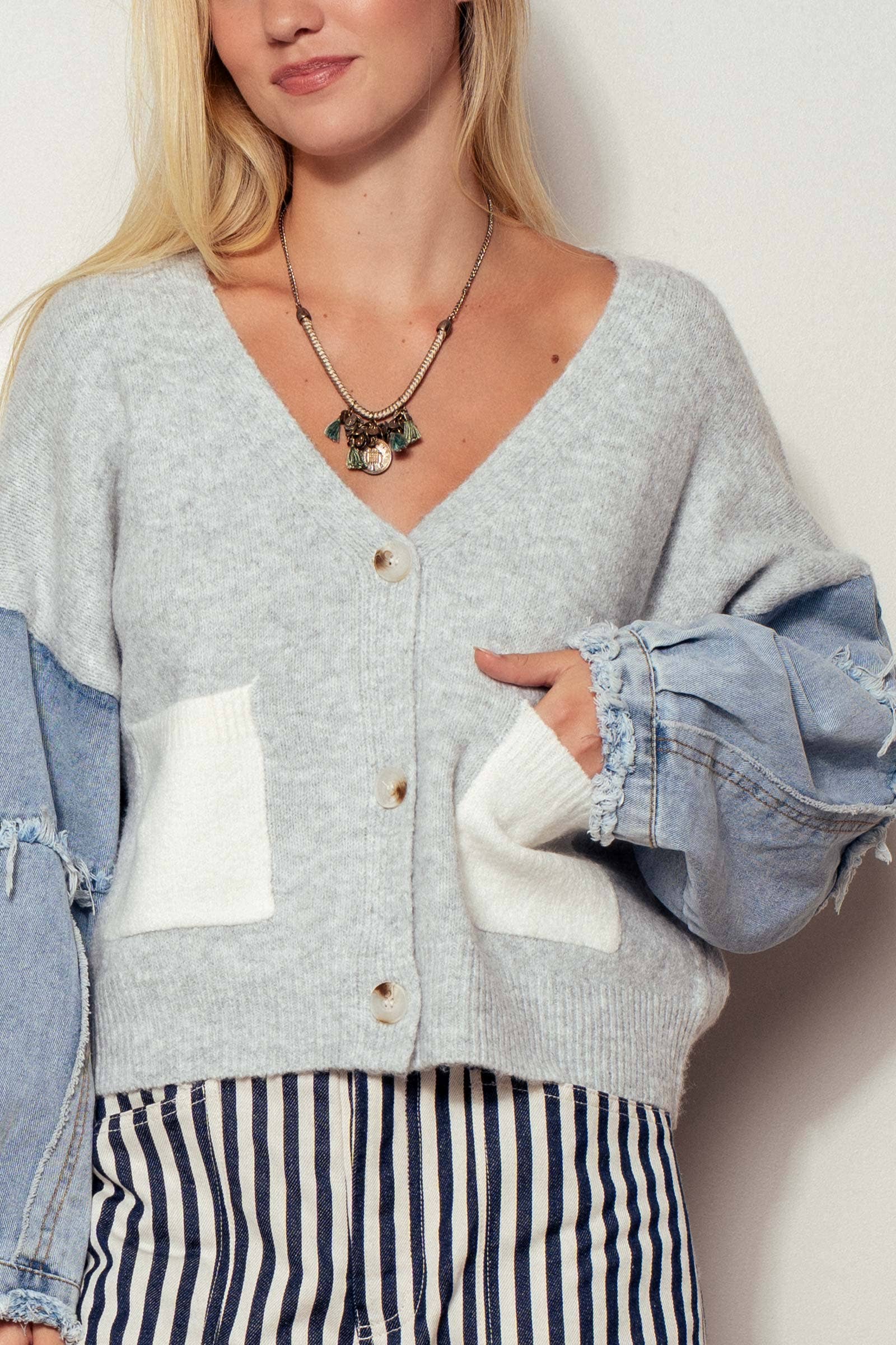 Denim Sleeve Knit Cardigan Casual Sweater Top Urban Daizy