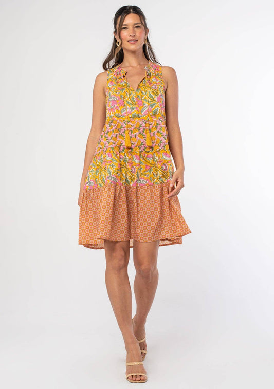 Mixed Print Sleeveless Tiered Mini Dress