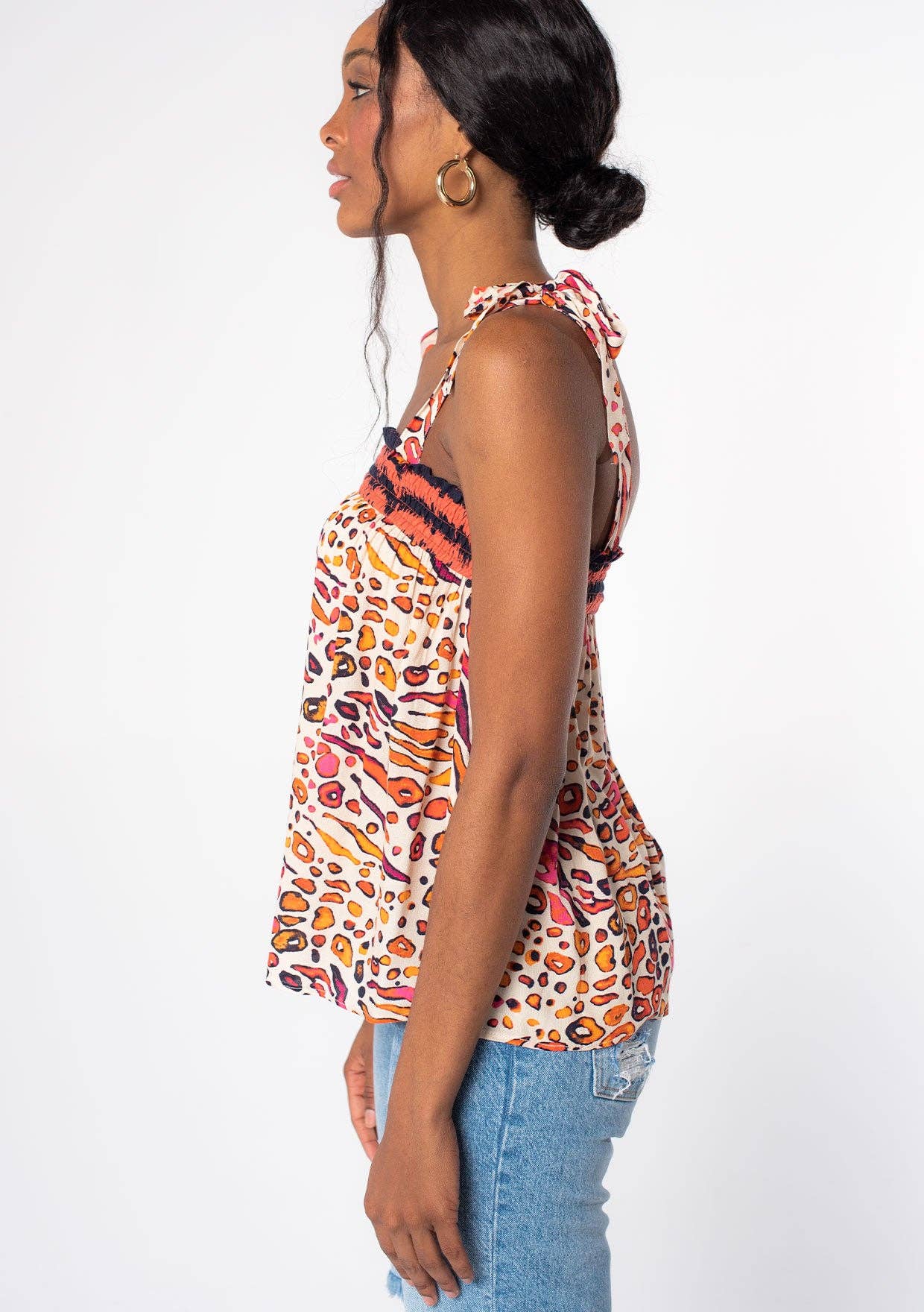 Leopard Print Smocked Tie Shoulder Tank Top 926 WEST