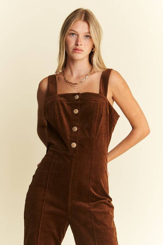 DAWN - PLUS SIZE BUTTON DOWN CORDUROY FLARED JUMPSUIT ZIPPERED BACK