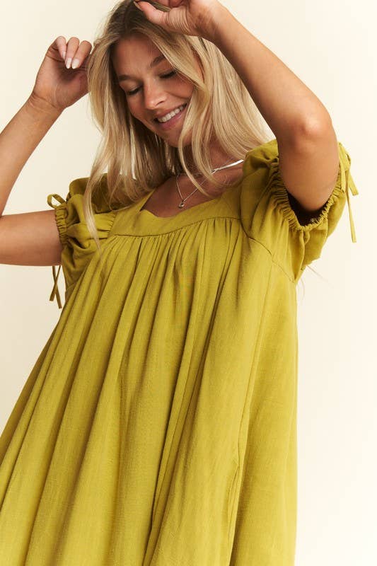 WASHED LINEN BUBBLE SLEEVE DRESS