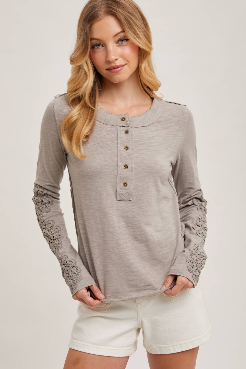 CROCHET PATCH SLEEVED HALF BUTTON ROUND NECK TOP Bluivy