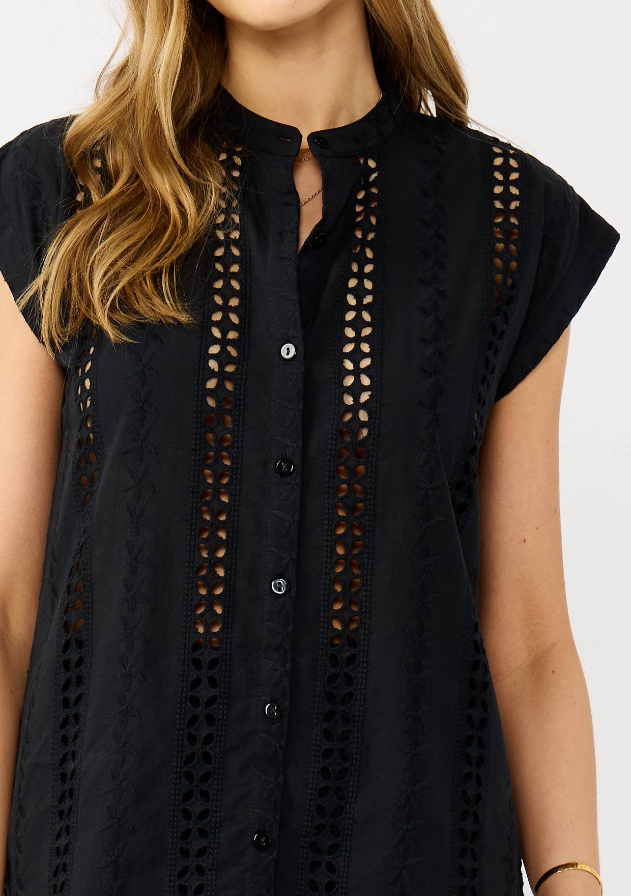 Floral Eyelet Mandarin Collar Camp Shirt