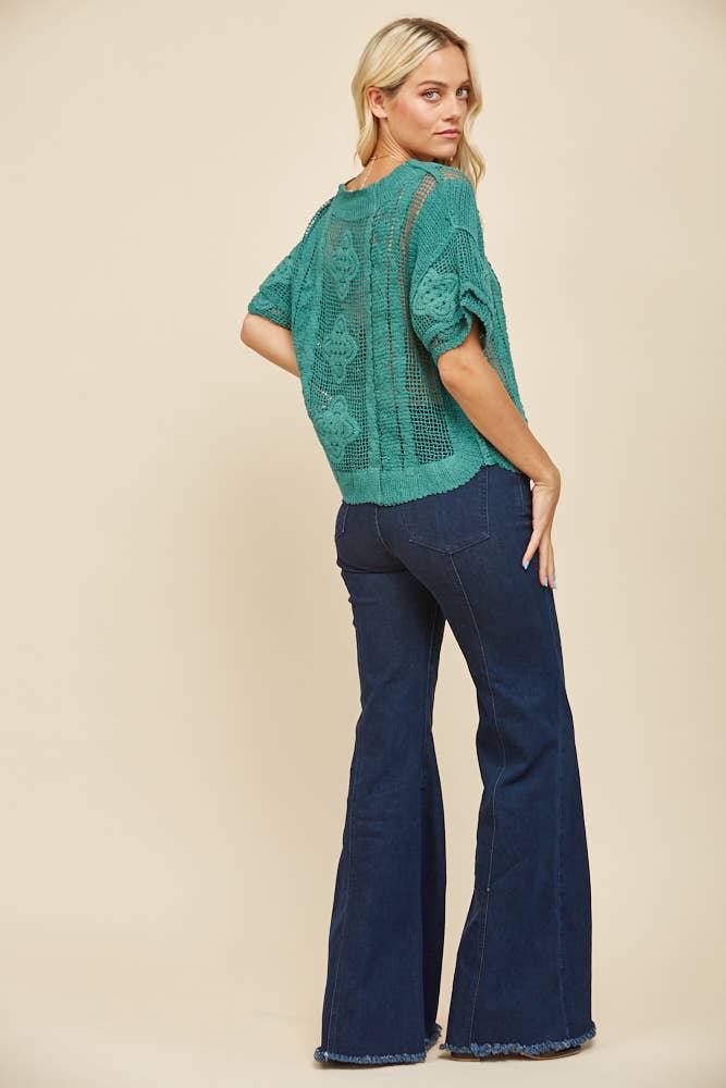 FINAL SALE- SHORT SLEEVE CROCHET KNIT TOP TEAL
