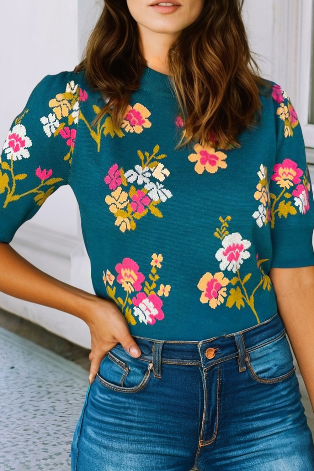 LDC Flower Pattern Knit Short Sleeve Top Little Daisy Closet