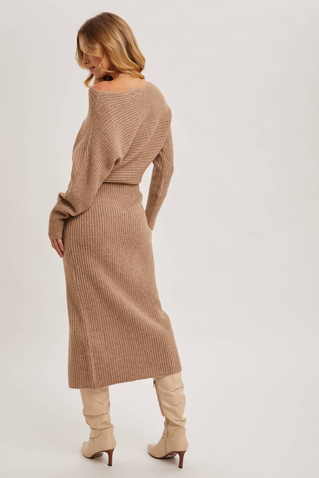 ONE SHOULDER OFF SIDE SLIT MIDI KNIT SWEATER DRESS Bluivy