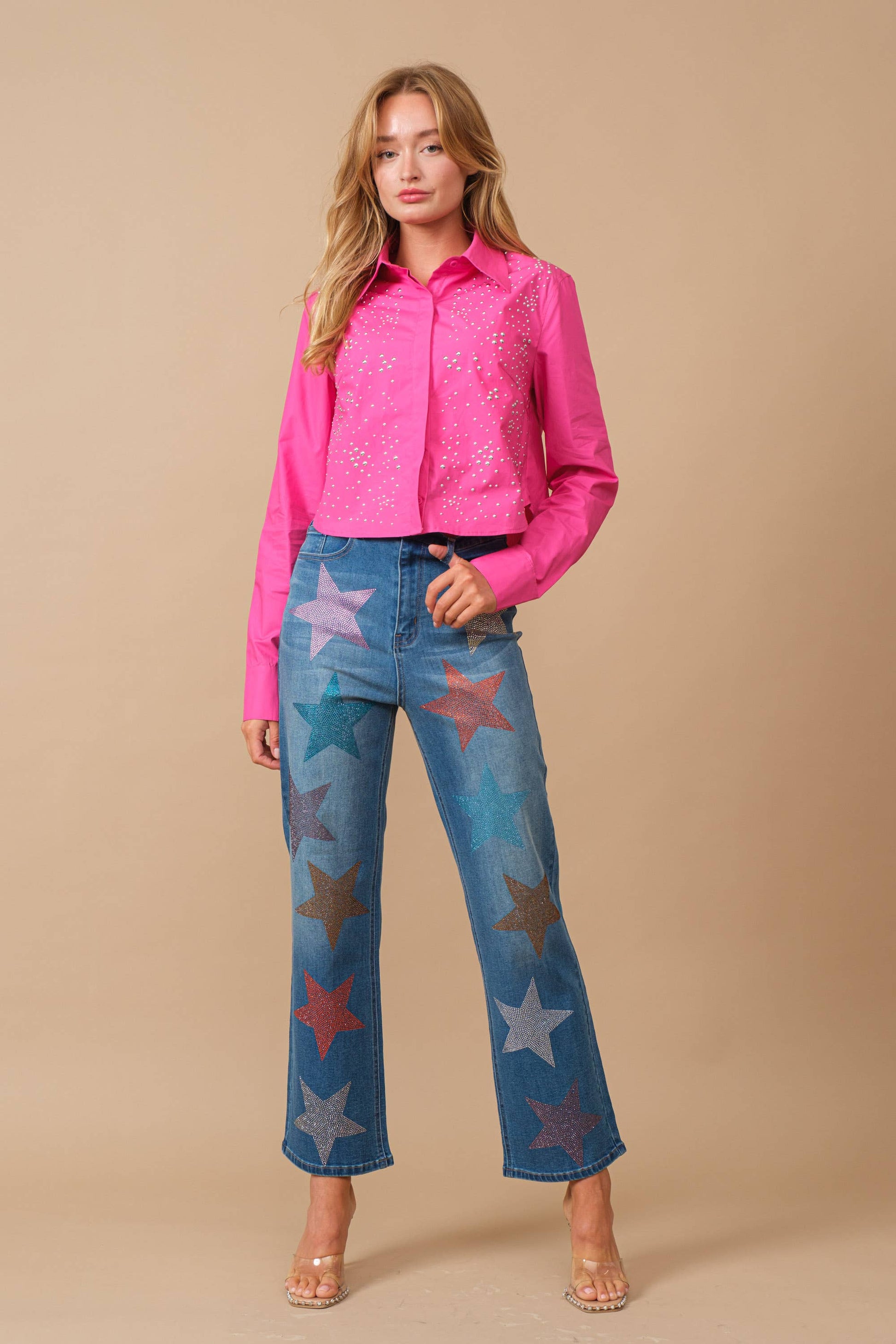 Star Rhinestone Embellishment Straight Leg Jeans Blue B