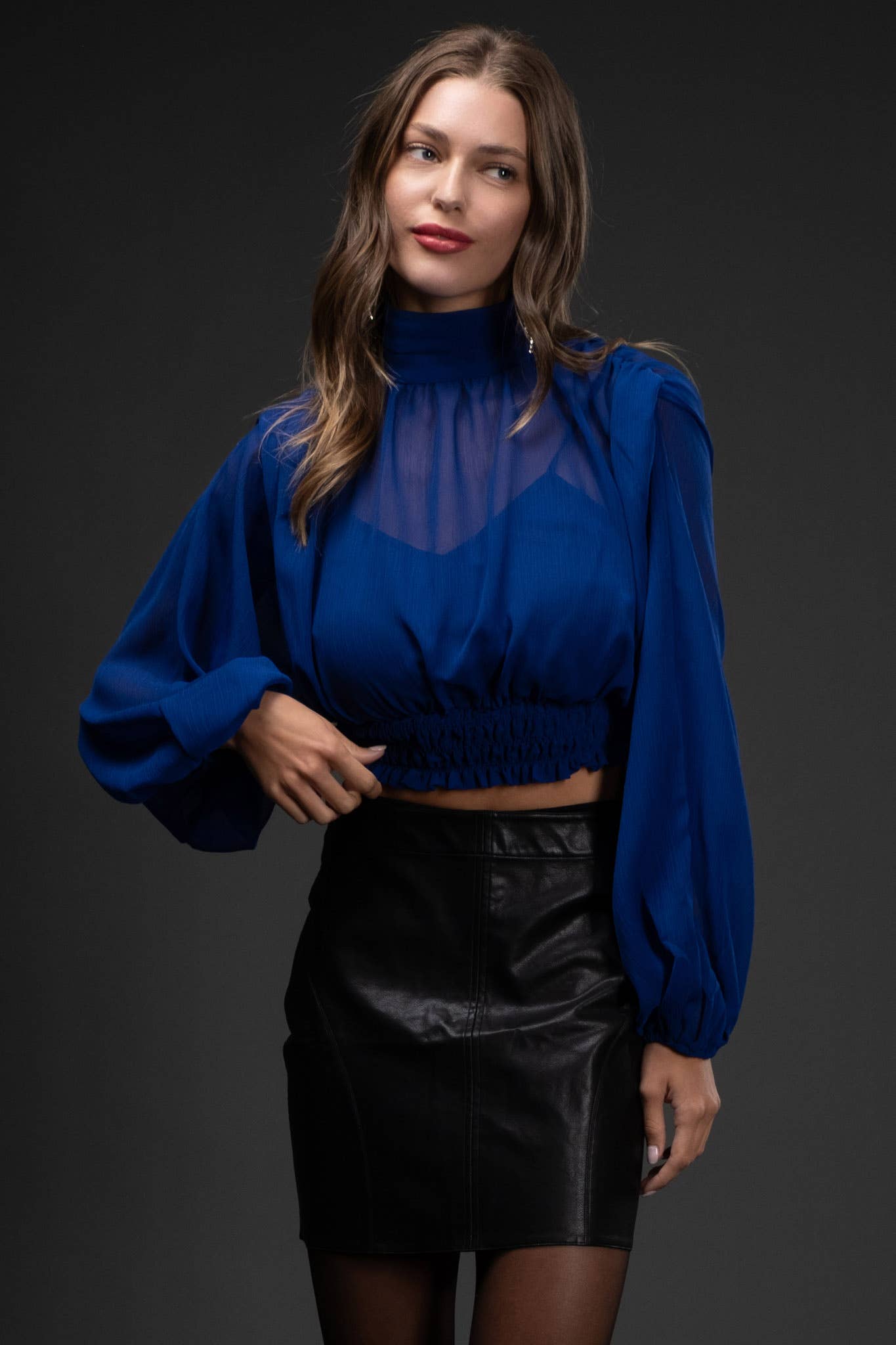 SHEER LONG SLEEVE SHIRRED CROPPED TOP 926 WEST