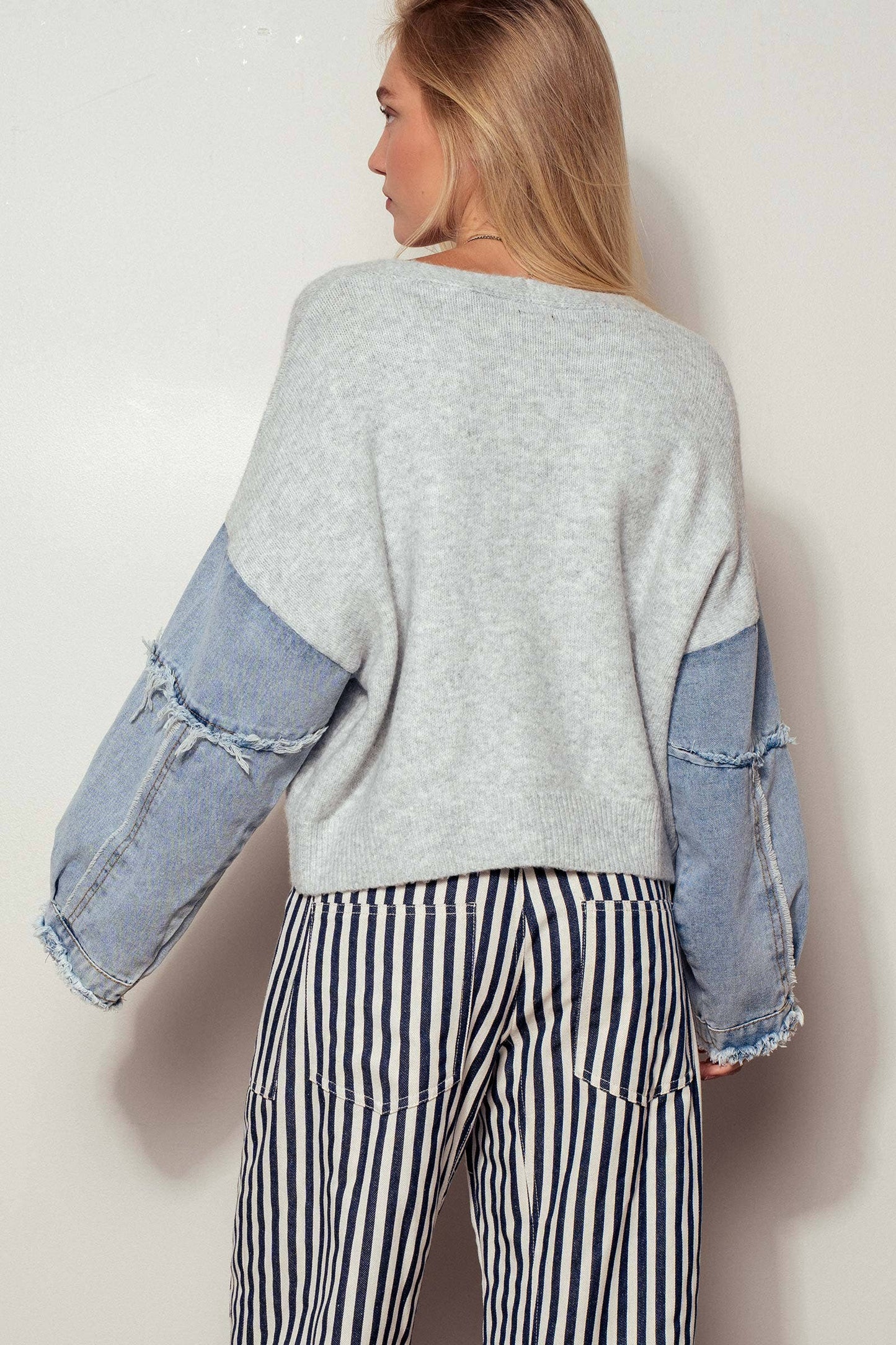 Denim Sleeve Knit Cardigan Casual Sweater Top Urban Daizy