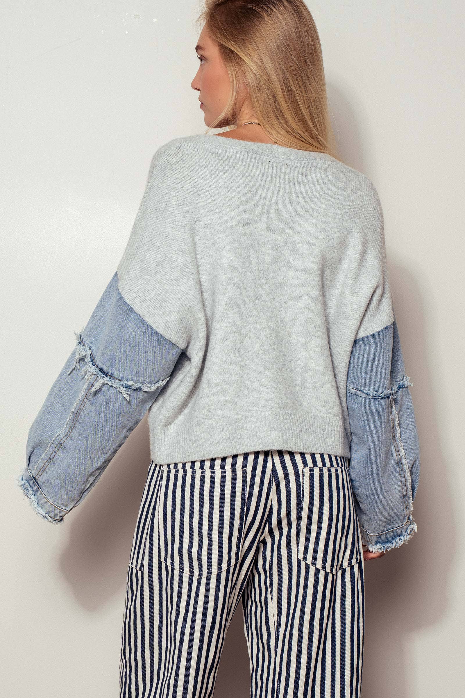 Denim Sleeve Knit Cardigan Casual Sweater Top Urban Daizy