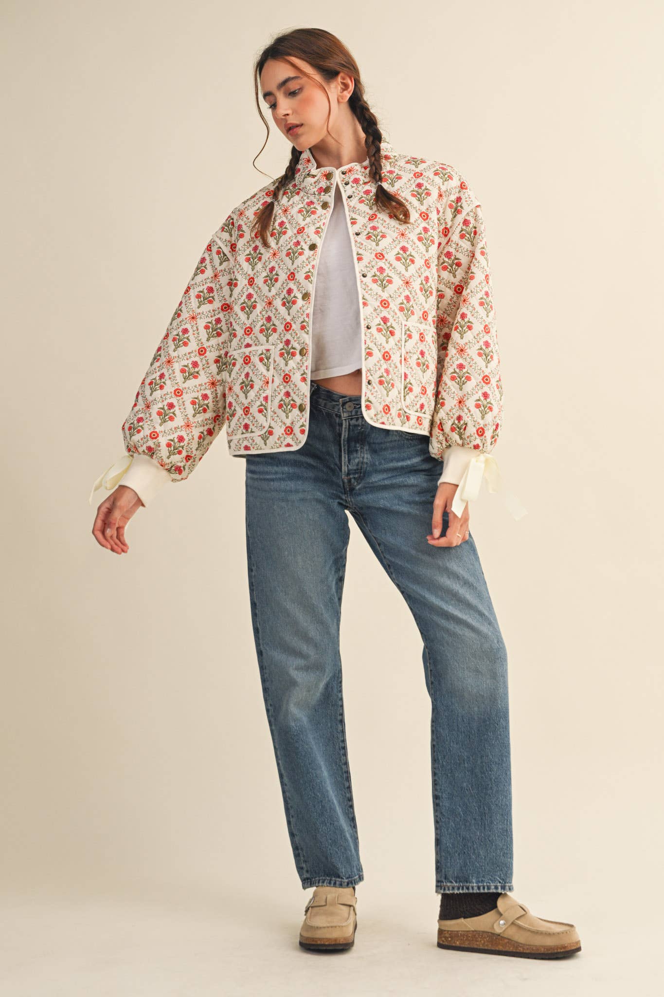 FLORAL QUILTED JACKET WITH RIBBON DETAIL MJK4431 &MERCI