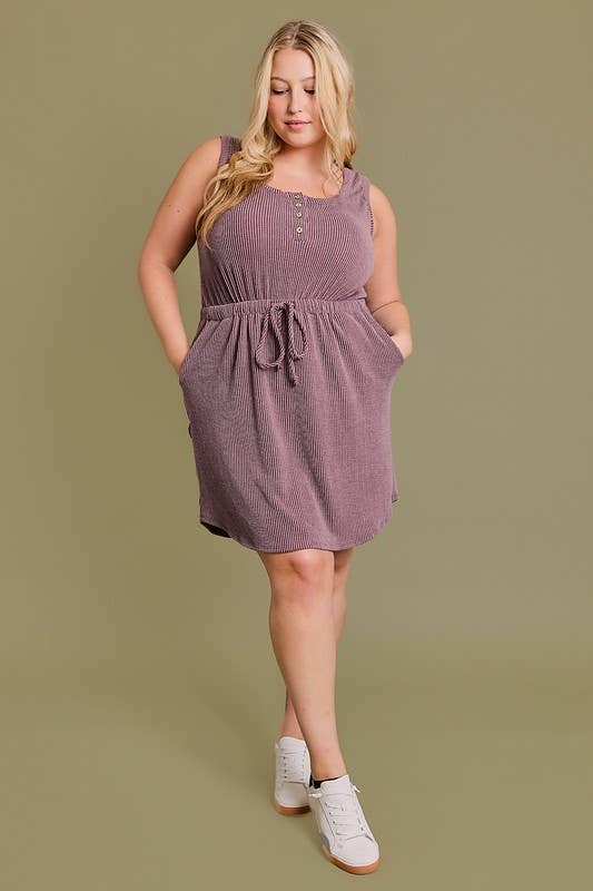 PLUS SLEEVELESS BUTTON DOWN WAIST TIE SIDE POCKET RIB DRESS GILLI