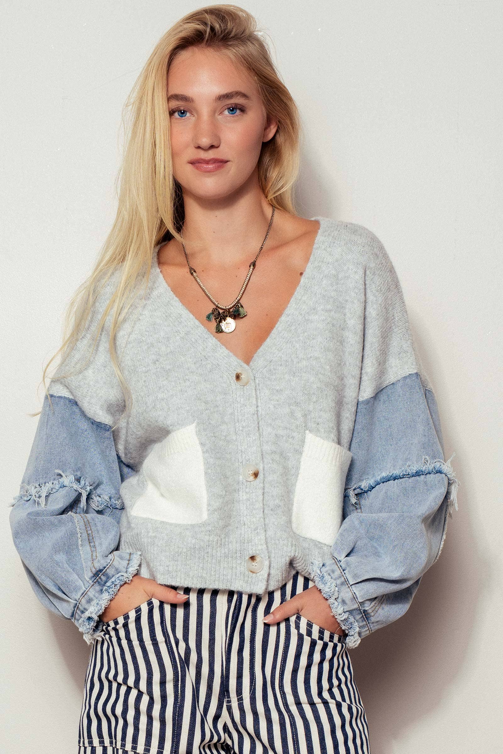 Denim Sleeve Knit Cardigan Casual Sweater Top Urban Daizy