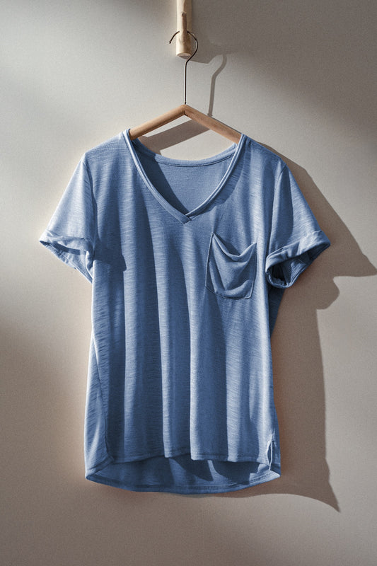 FINAL SALE- RELAXED V NECK SHORT SLEEVE SLUB TOP BLUE