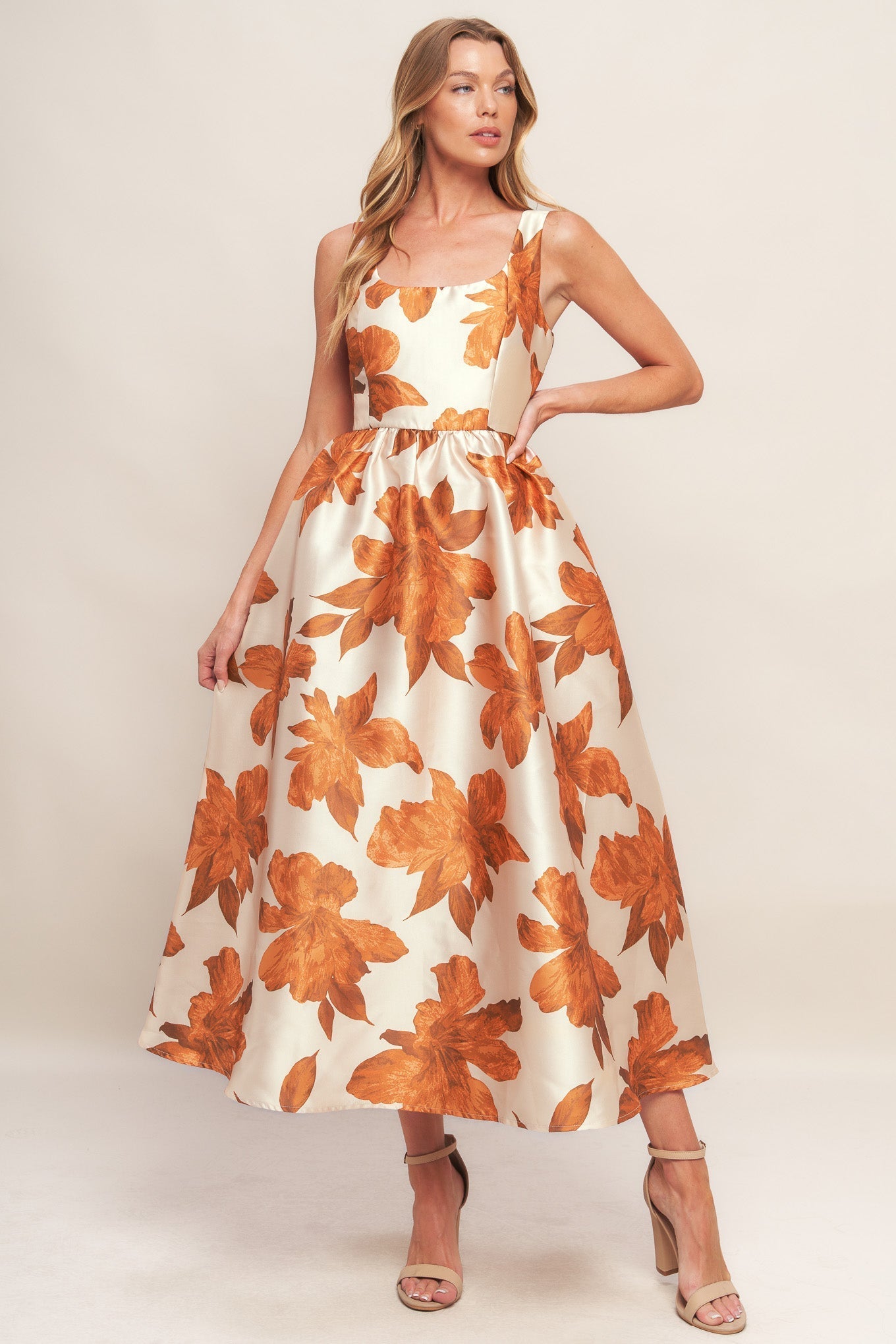 AUTUMNAL FLORAL WOVEN MIDI DRESS Flying Tomato