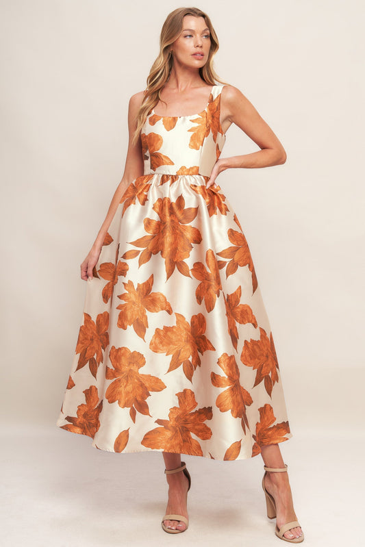 AUTUMNAL FLORAL WOVEN MIDI DRESS Flying Tomato