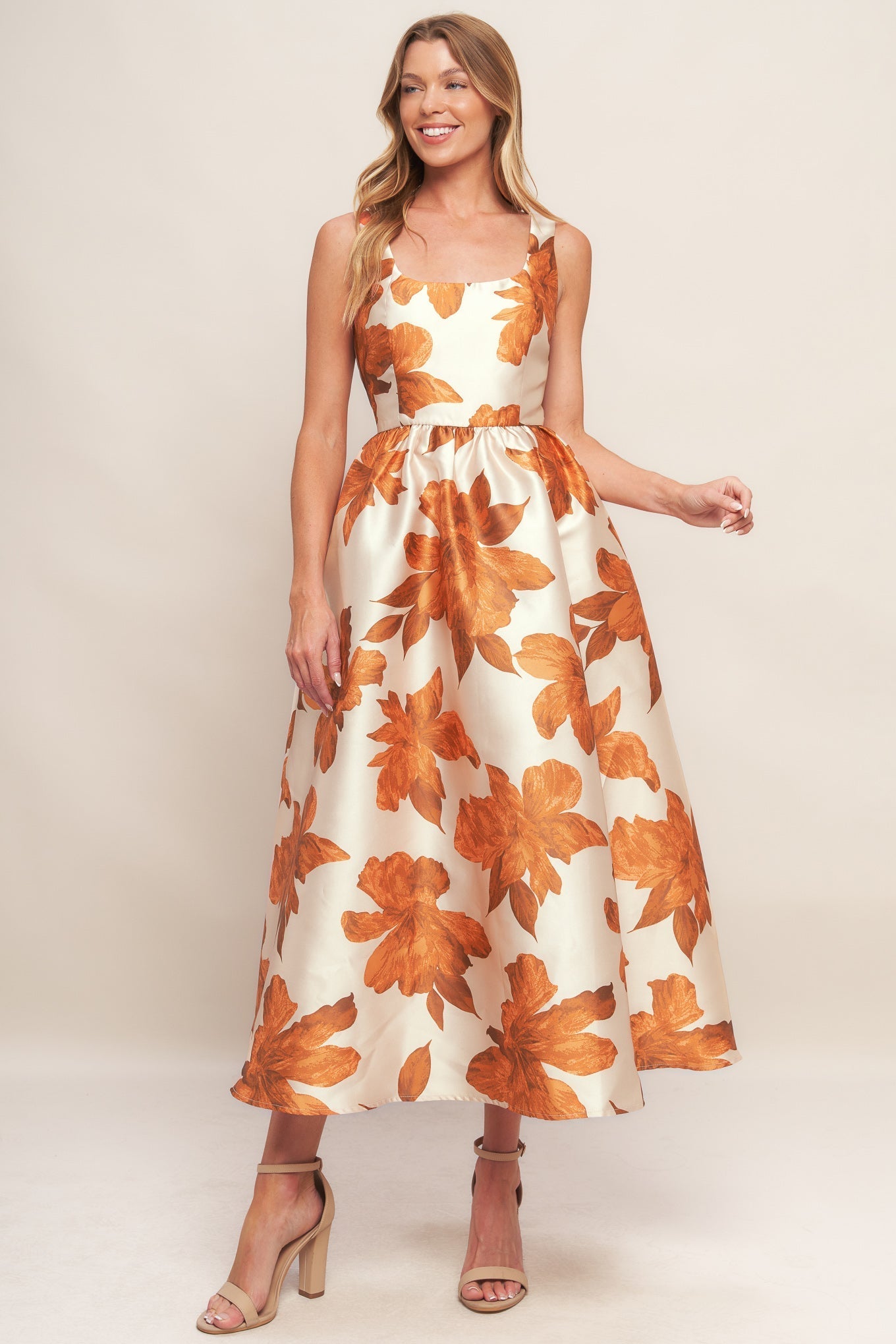 AUTUMNAL FLORAL WOVEN MIDI DRESS Flying Tomato