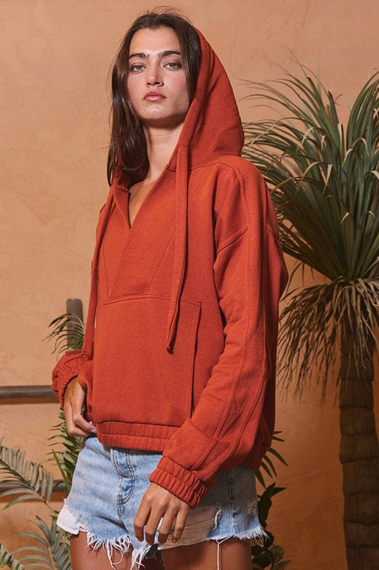 BUCKETLIST-Oversized Drawstring Solid Terry Hoodie Top Rust 926 West