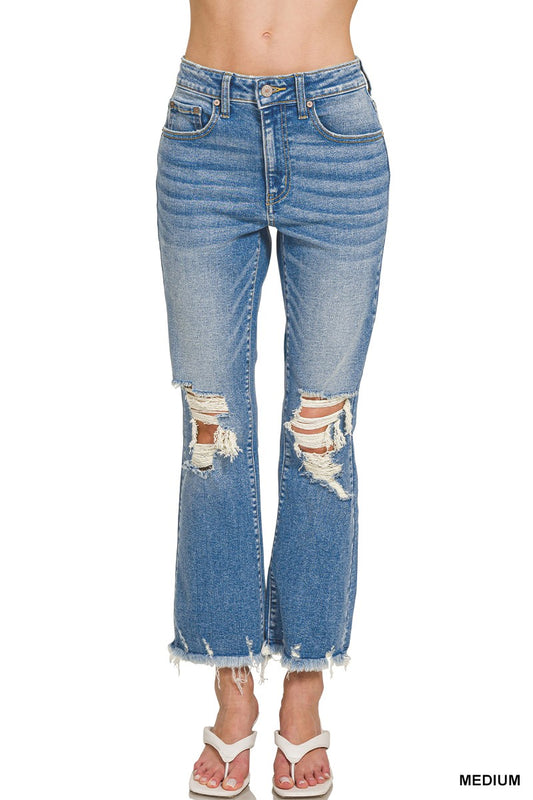 ZENANA Women's Distressed Knee And Hem Denim Pants