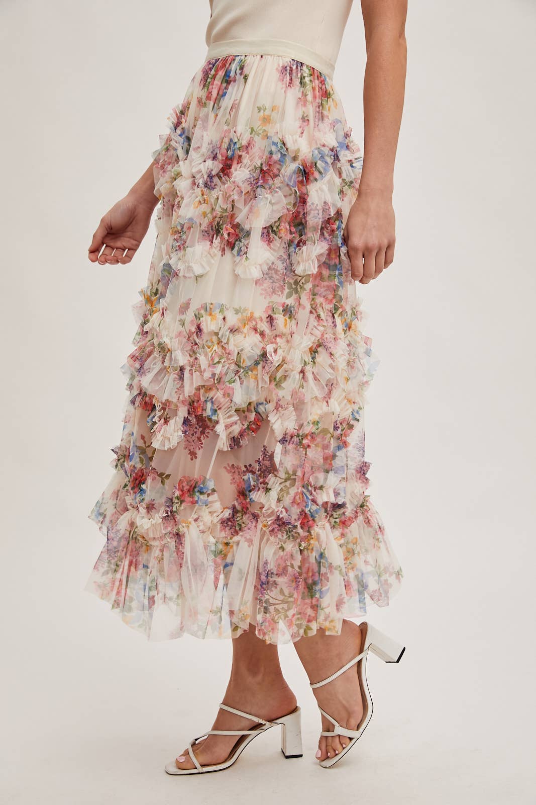 FLORAL RUFFLED MESH MIDI SKIRT