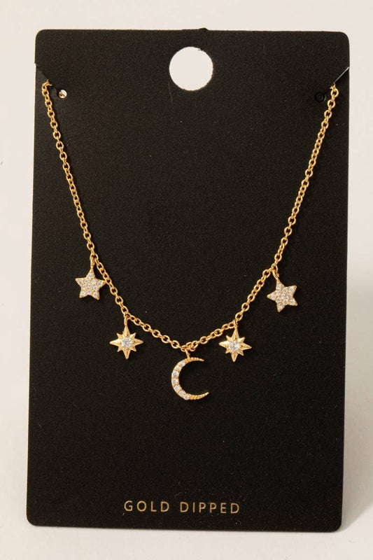 Gold Dipped Cz Pave Star And Moon Charms Chain Necklace