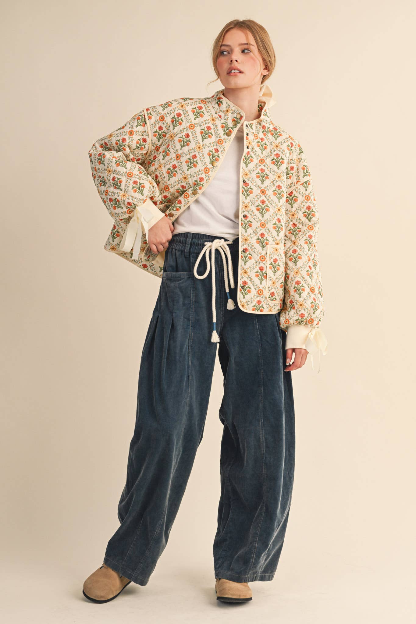 FLORAL QUILTED JACKET WITH RIBBON DETAIL MJK4431 &MERCI