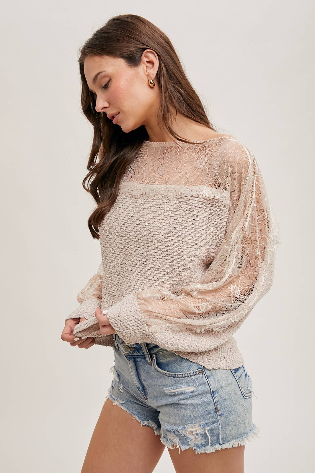 BOAT NECK LACE TRIMMED KNIT SWEATER PULLOVER