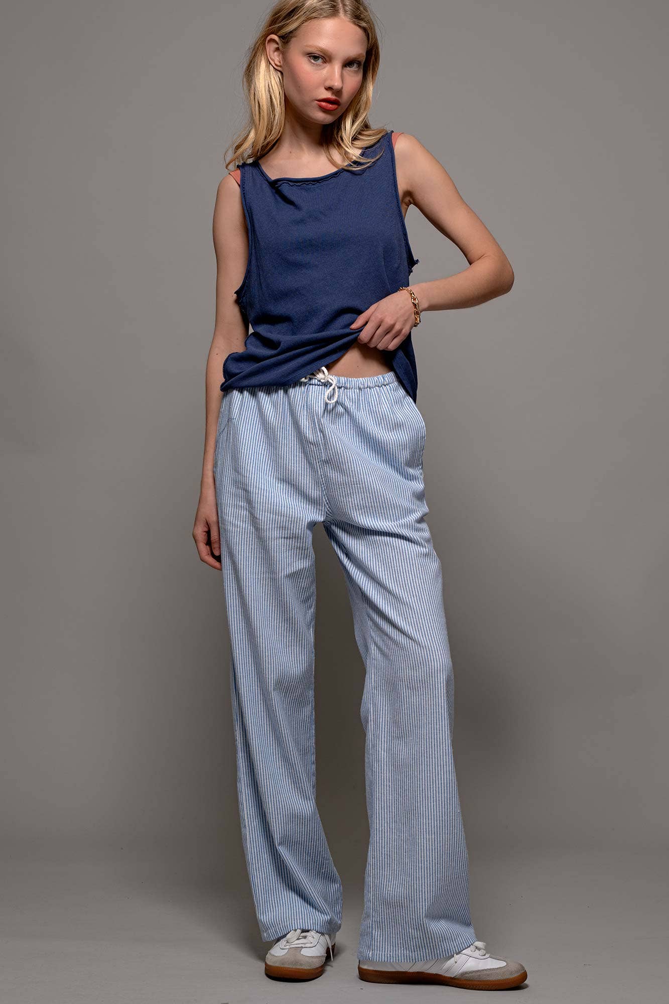 Blue Pinstripe Drawstring Wide Leg Lounge Pants