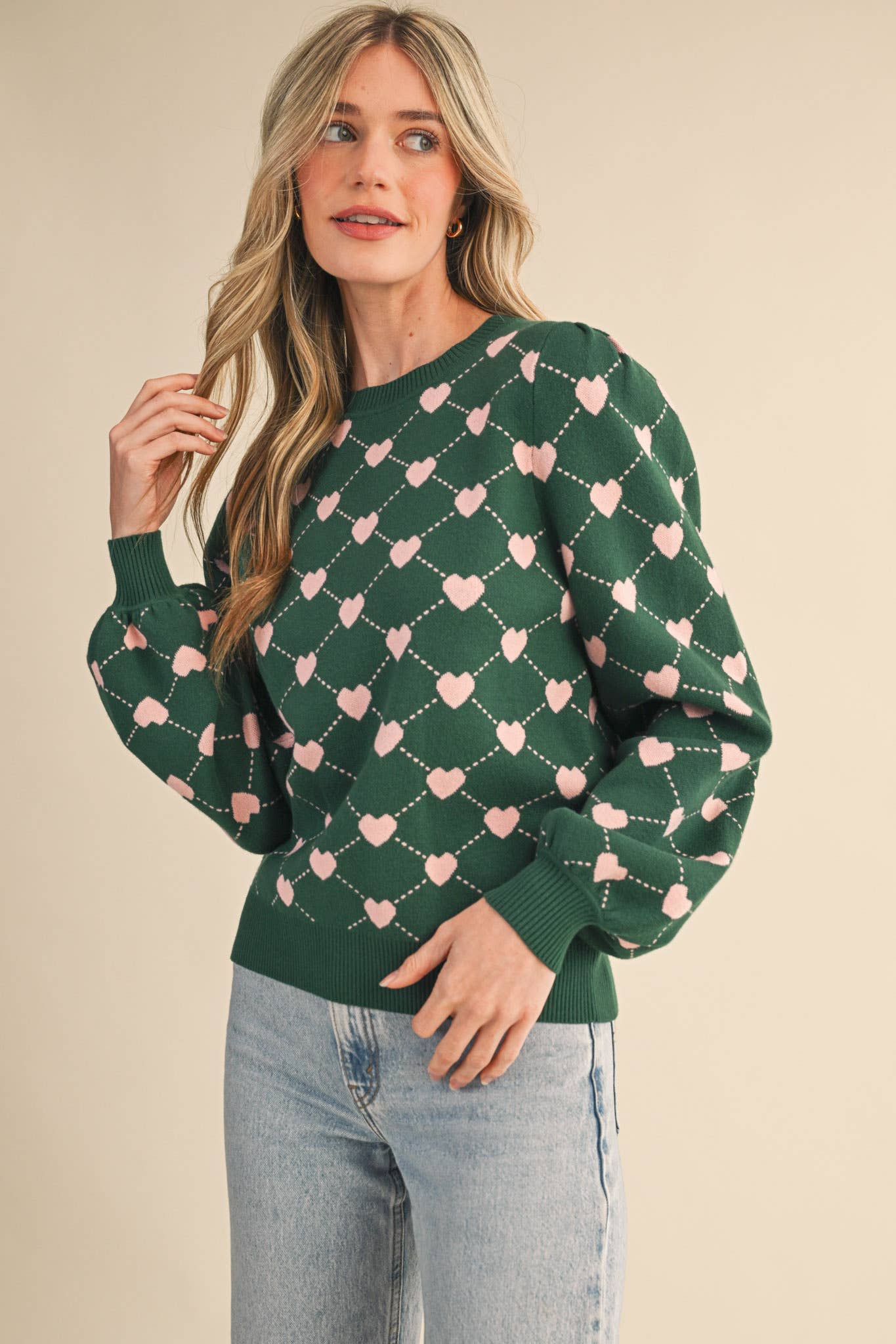 HEART KNIT PUFF SLEEVE SWEATER &MERCI