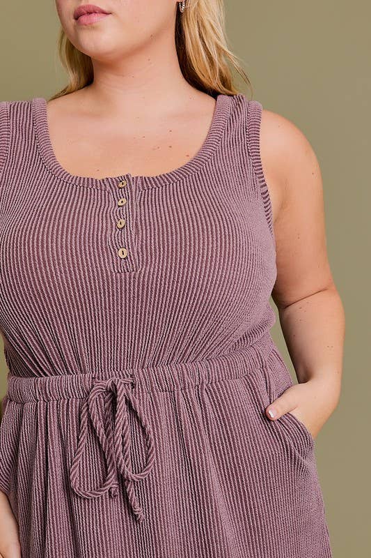 PLUS SLEEVELESS BUTTON DOWN WAIST TIE SIDE POCKET RIB DRESS GILLI