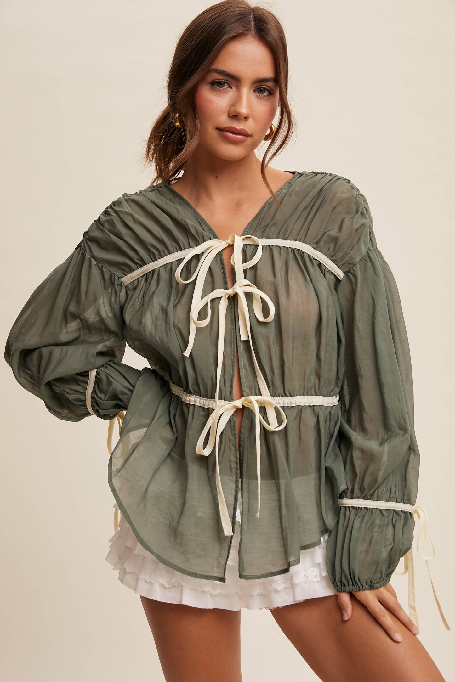 Contrast Trim Ribbon Tie Blouse Listicle
