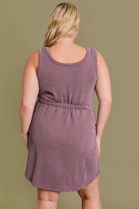 PLUS SLEEVELESS BUTTON DOWN WAIST TIE SIDE POCKET RIB DRESS GILLI