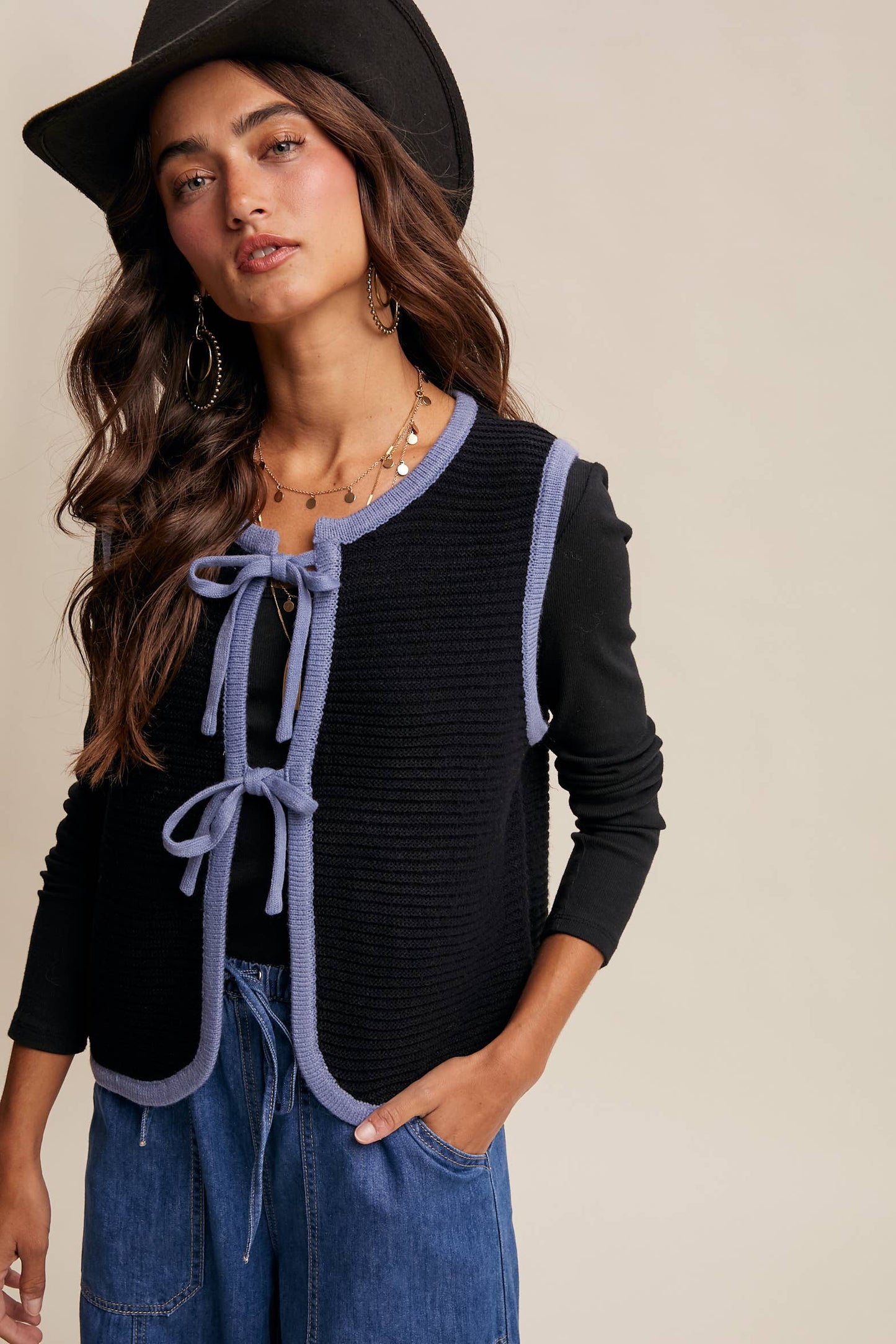 Two-Tone Tie Front Knit Vest LSW0997 Listicle